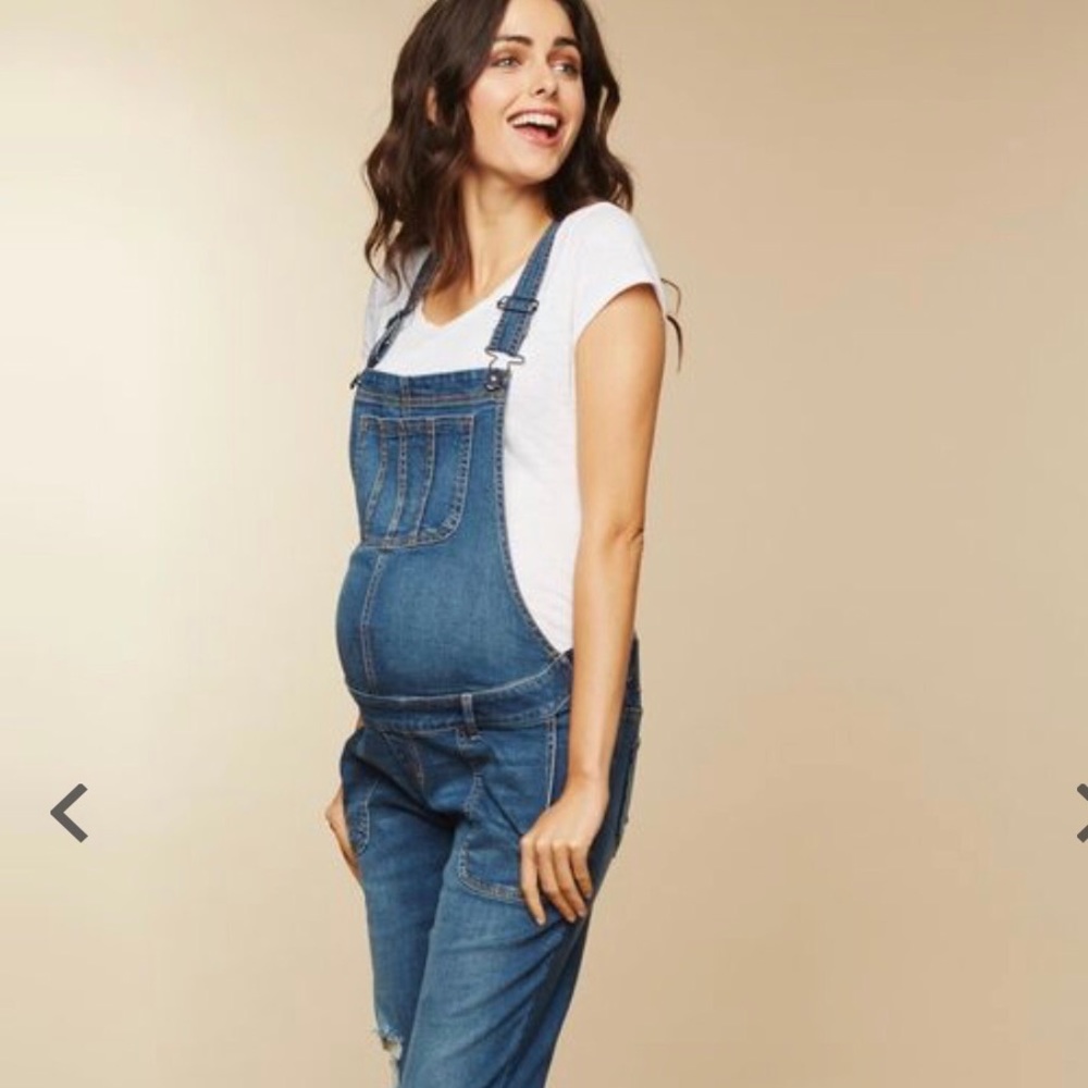 Indigo Blue Distressed Cropped Maternity Overalls